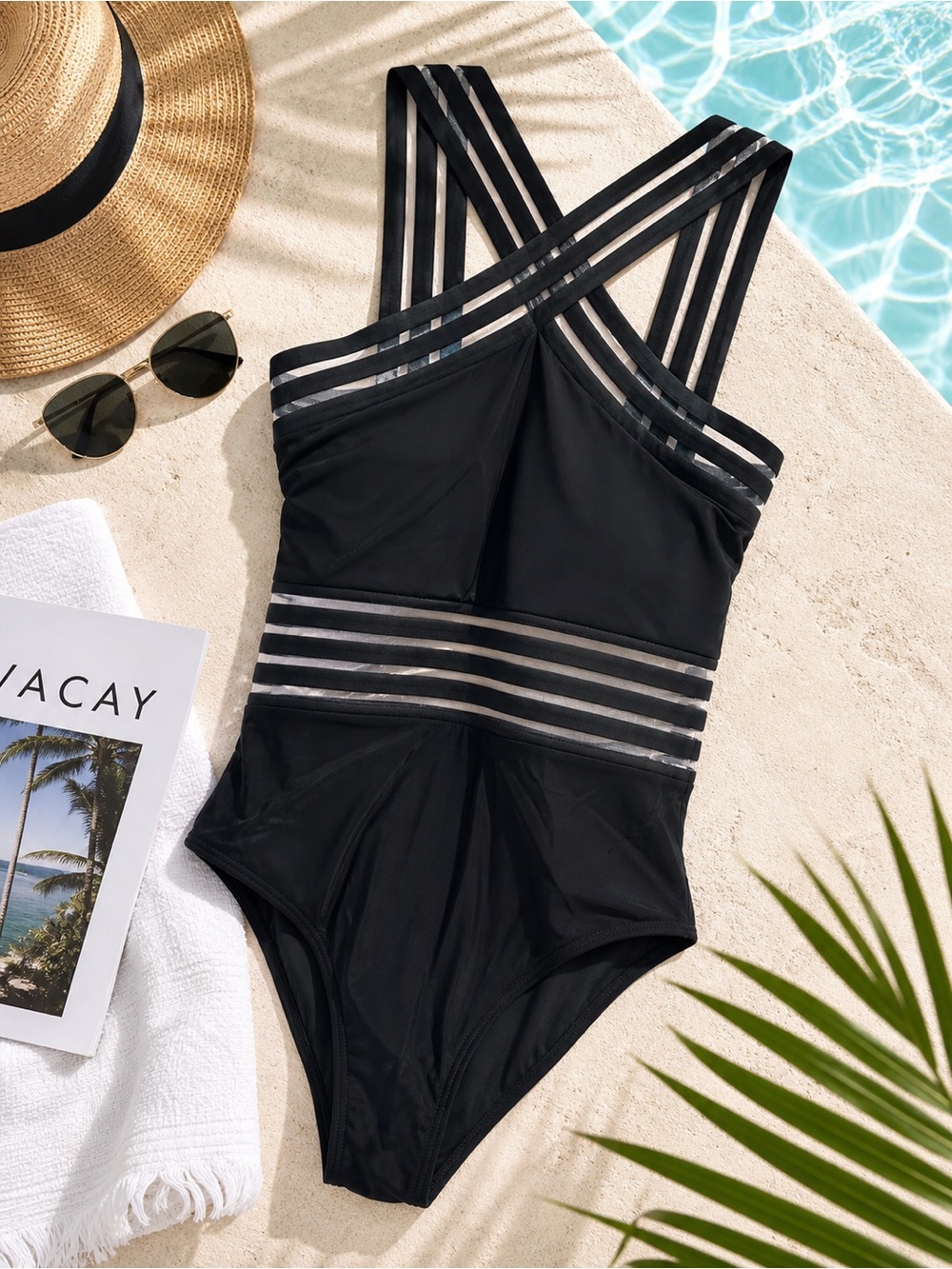 Black One Piece Swimsuit Strappy Back Mesh Cutout Waist Kenneth Cole Style Small
